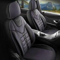Set Huse Scaune Auto pentru Dacia Spring - Panda Toronto, tip Alcantara, cu fermoare pentru bancheta rabatabila, negru gri, 11 piese