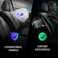 Set Huse Scaune Auto pentru Skoda Scala - Panda Atena, material textil cu piele ecologica, cu fermoare pentru bancheta rabatabila, negru cu gri, 11 piese
