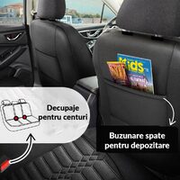 Set Huse Scaune Auto pentru Skoda Scala - Panda Atena, material textil cu piele ecologica, cu fermoare pentru bancheta rabatabila, negru cu gri, 11 piese