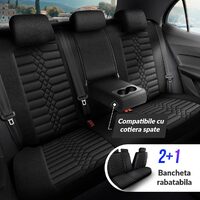 Set Huse Scaune Auto pentru Skoda Scala - Panda Atena, material textil cu piele ecologica, cu fermoare pentru bancheta rabatabila, negru cu gri, 11 piese