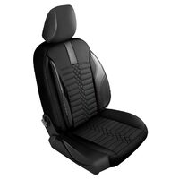 Set Huse Scaune Auto pentru Skoda Scala - Panda Atena, material textil cu piele ecologica, cu fermoare pentru bancheta rabatabila, negru cu gri, 11 piese