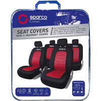 Set Huse Scaune Auto pentru Dacia Logan - Sparco Ergo Sport, negru - rosu, 9 bucati