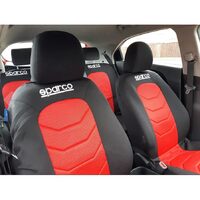 Set Huse Scaune Auto pentru Dacia Logan - Sparco Ergo Sport, negru - rosu, 9 bucati