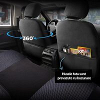 Set Huse Scaune Auto pentru Dacia Solenza - Panda Prestige, negru cu cusatura rosie, 11 piese