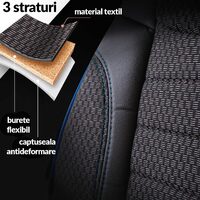 Set Huse Scaune Auto pentru Skoda Octavia 3 - Panda Elegant, Negru cu cusatura Albastra, 11 piese