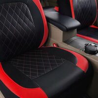 Set Huse Scaune Auto pentru Volvo V40 - RoGroup Roma, piele ecologica, cu fermoare pentru bancheta rabatabila, rosu cu negru, 9 piese