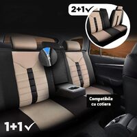 Set Huse Scaune Auto pentru Mercedes-Benz B-Class - Panda Toronto, tip Alcantara, cu fermoare pentru bancheta rabatabila, bej cu negru, 11 piese