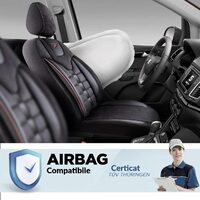 Set Huse Scaune Auto pentru Volkswagen Jetta - Panda Toronto, tip Alcantara, cu fermoare pentru bancheta rabatabila, negru cu cusatura rosie, 11 piese