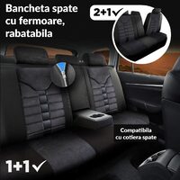 Set Huse Scaune Auto pentru Dacia Spring - Panda Toronto, tip Alcantara, cu fermoare pentru bancheta rabatabila, negru gri, 11 piese