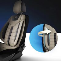 Set Huse Scaune Auto pentru Mercedes-Benz B-Class - Panda Toronto, tip Alcantara, cu fermoare pentru bancheta rabatabila, bej cu negru, 11 piese