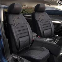 Set Huse Scaune Auto pentru Ssangyong Rexton - Deluxe Boss, piele ecologica, negru, 11 piese