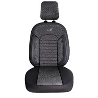 Set Huse Scaune Auto pentru Mazda CX-6 - Panda Belek, material textil cu piele ecologica, cu fermoare pentru bancheta rabatabila, gri inchis cu negru, 11 piese