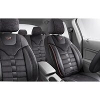 Set Huse Scaune Auto pentru Volkswagen Jetta - Panda Toronto, tip Alcantara, cu fermoare pentru bancheta rabatabila, negru cu cusatura rosie, 11 piese