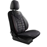 Set Huse Scaune Auto pentru Volkswagen Jetta - Panda Toronto, tip Alcantara, cu fermoare pentru bancheta rabatabila, negru cu cusatura rosie, 11 piese