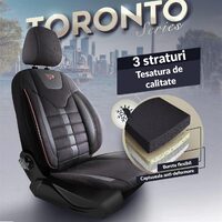 Set Huse Scaune Auto pentru Volkswagen Jetta - Panda Toronto, tip Alcantara, cu fermoare pentru bancheta rabatabila, negru cu cusatura rosie, 11 piese