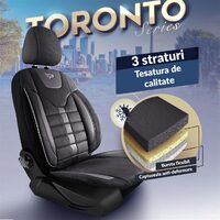 Set Huse Scaune Auto pentru Dacia Spring - Panda Toronto, tip Alcantara, cu fermoare pentru bancheta rabatabila, negru gri, 11 piese