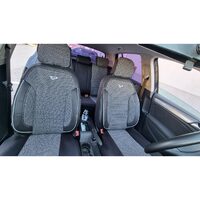 Set Huse Scaune Auto pentru Mazda CX-6 - Panda Belek, material textil cu piele ecologica, cu fermoare pentru bancheta rabatabila, gri inchis cu negru, 11 piese
