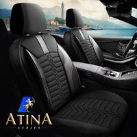 Set Huse Scaune Auto pentru Skoda Scala - Panda Atena, material textil cu piele ecologica, cu fermoare pentru bancheta rabatabila, negru cu gri, 11 piese