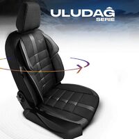 Set Huse Scaune Auto pentru Ssangyong Rexton - Panda Uludag, material textil cu piele ecologica, cu fermoare pentru bancheta rabatabila, negru cu gri, 11 piese