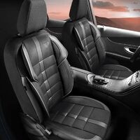 Set Huse Scaune Auto pentru Ssangyong Rexton - Panda Uludag, material textil cu piele ecologica, cu fermoare pentru bancheta rabatabila, negru cu gri, 11 piese