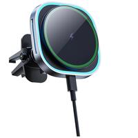 Suport telefon auto magnetic cu incarcare wireless 15W, fixare grila ventilatie, indicator LED, compatibil MagSafe, negru