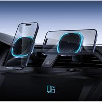 Suport telefon auto magnetic cu incarcare wireless 15W, fixare grila ventilatie, indicator LED, compatibil MagSafe, negru