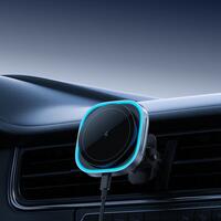 Suport telefon auto magnetic cu incarcare wireless 15W, fixare grila ventilatie, indicator LED, compatibil MagSafe, negru