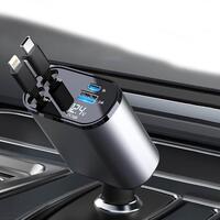 Incarcator auto rapid 4in1 Super Fast Charge 120W, USB + USB-C + cablu retractabil iOS/Android/Type-C, display LED, rotire 180°, corp aluminiu