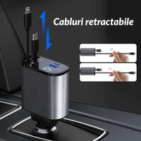 Incarcator auto rapid 4in1 Super Fast Charge 120W, USB + USB-C + cablu retractabil iOS/Android/Type-C, display LED, rotire 180°, corp aluminiu