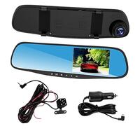 Camera auto DVR duala, fixare oglinda,  FullHD 1080P, inregistrare fata si spate, display 3.5", Night Vision, inregistrare in bucla, unghi 140 grade, senzor miscare, alimentare bricheta auto