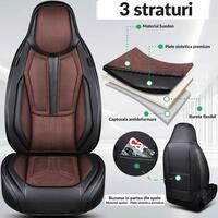 Set huse scaune auto Bremer Sitzbezuge, material suede sintetic si textil, compatibil tetiere detasabile si integrate, maro cu negru, 13 piese
