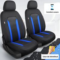 Set 2 huse scaune auto Bremer Sitzbezuge, material textil respirabil, scaune fata, compatibil tetiere detasabile, negru cu albastru, 6 piese