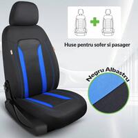 Set 2 huse scaune auto Bremer Sitzbezuge, material textil respirabil, scaune fata, compatibil tetiere detasabile, negru cu albastru, 6 piese
