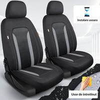 Set 2 huse scaune auto Bremer Sitzbezuge, material textil respirabil, scaune fata, compatibil tetiere detasabile, negru cu gri, 6 piese