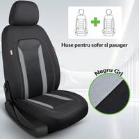 Set 2 huse scaune auto Bremer Sitzbezuge, material textil respirabil, scaune fata, compatibil tetiere detasabile, negru cu gri, 6 piese