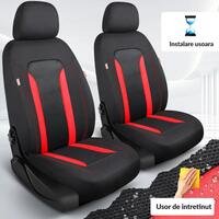 Set 2 huse scaune auto Bremer Sitzbezuge, material textil respirabil, scaune fata, compatibil tetiere detasabile, negru cu rosu, 6 piese