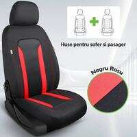 Set 2 huse scaune auto Bremer Sitzbezuge, material textil respirabil, scaune fata, compatibil tetiere detasabile, negru cu rosu, 6 piese