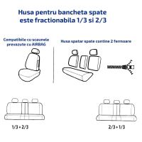 Set Huse Scaune Auto DeluxeBoss, stofa cu piele ecologica, pt bancheta rabatabila fractionata, negru cu albastru, 11 bucati