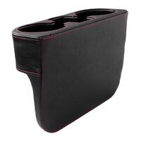 Organizator auto cu suport pahare si compartimente pentru depozitare telefon si diverse obiecte mici din piele naturala, negru cu cusatura rosie