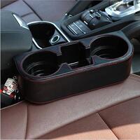 Organizator auto cu suport pahare si compartimente pentru depozitare telefon si diverse obiecte mici din piele naturala, negru cu cusatura rosie