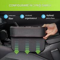 Organizator auto cu suport pahare si compartimente pentru depozitare telefon si diverse obiecte mici din piele naturala, negru cu cusatura rosie