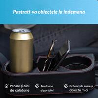 Organizator auto cu suport pahare si compartimente pentru depozitare telefon si diverse obiecte mici din piele naturala, negru cu cusatura rosie