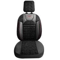 Set Huse Scaune Auto Panda Kas, material textil cu piele ecologica, cu fermoare pentru bancheta rabatabila, negru cu dungi rosii, 11 piese