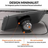 Suport telefon auto magnetic Siegbert, montare bord, rotire 360°, universal, compatibil orice smartphone, include placute metalice si accesorii reinstalare, argintiu cu negru