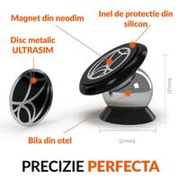 Suport telefon auto magnetic Siegbert, montare bord, rotire 360°, universal, compatibil orice smartphone, include placute metalice si accesorii reinstalare, argintiu cu negru