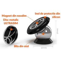 Suport telefon auto magnetic Siegbert, montare bord, rotire 360°, universal, compatibil orice smartphone, include placute metalice si accesorii reinstalare, argintiu cu negru