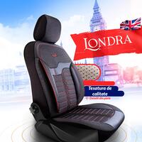 Set Huse Scaune Auto Panda Londra, cu fermoare pentru bancheta rabatabila, negru cu cusatura rosie, 11 piese