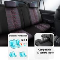 Set Huse Scaune Auto Panda Londra, cu fermoare pentru bancheta rabatabila, negru cu cusatura rosie, 11 piese