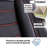Set Huse Scaune Auto Panda Londra, cu fermoare pentru bancheta rabatabila, negru cu cusatura rosie, 11 piese