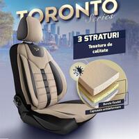 Set Huse Scaune Auto Panda Toronto, tip Alcantara, cu fermoare pentru bancheta rabatabila, bej cu negru, 11 piese